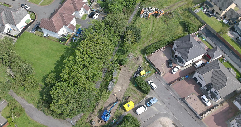 An aerial shot showing the site compound at Cloverfield Park