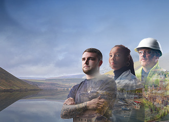 two males and female Scottish Water workers against a mountain backdrop